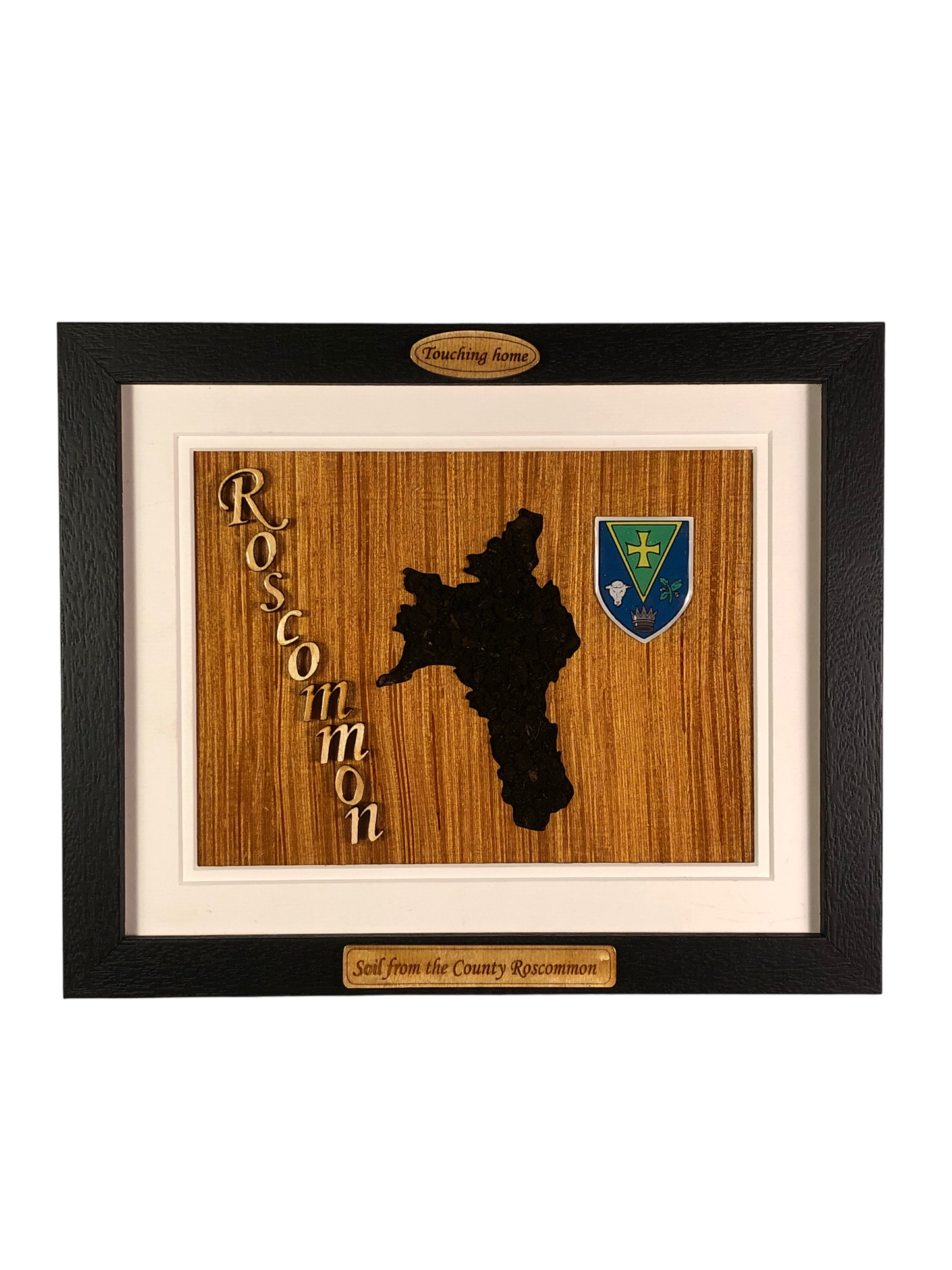 County Roscommon wooden style plaque with the authentic soil of Roscommon encased and displayed within
