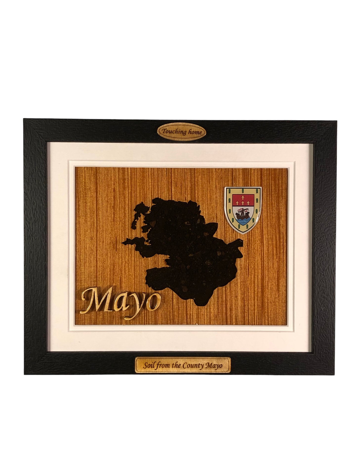 County Mayo shape wooden style plaque with authentic soil of Mayo encased and displayed within