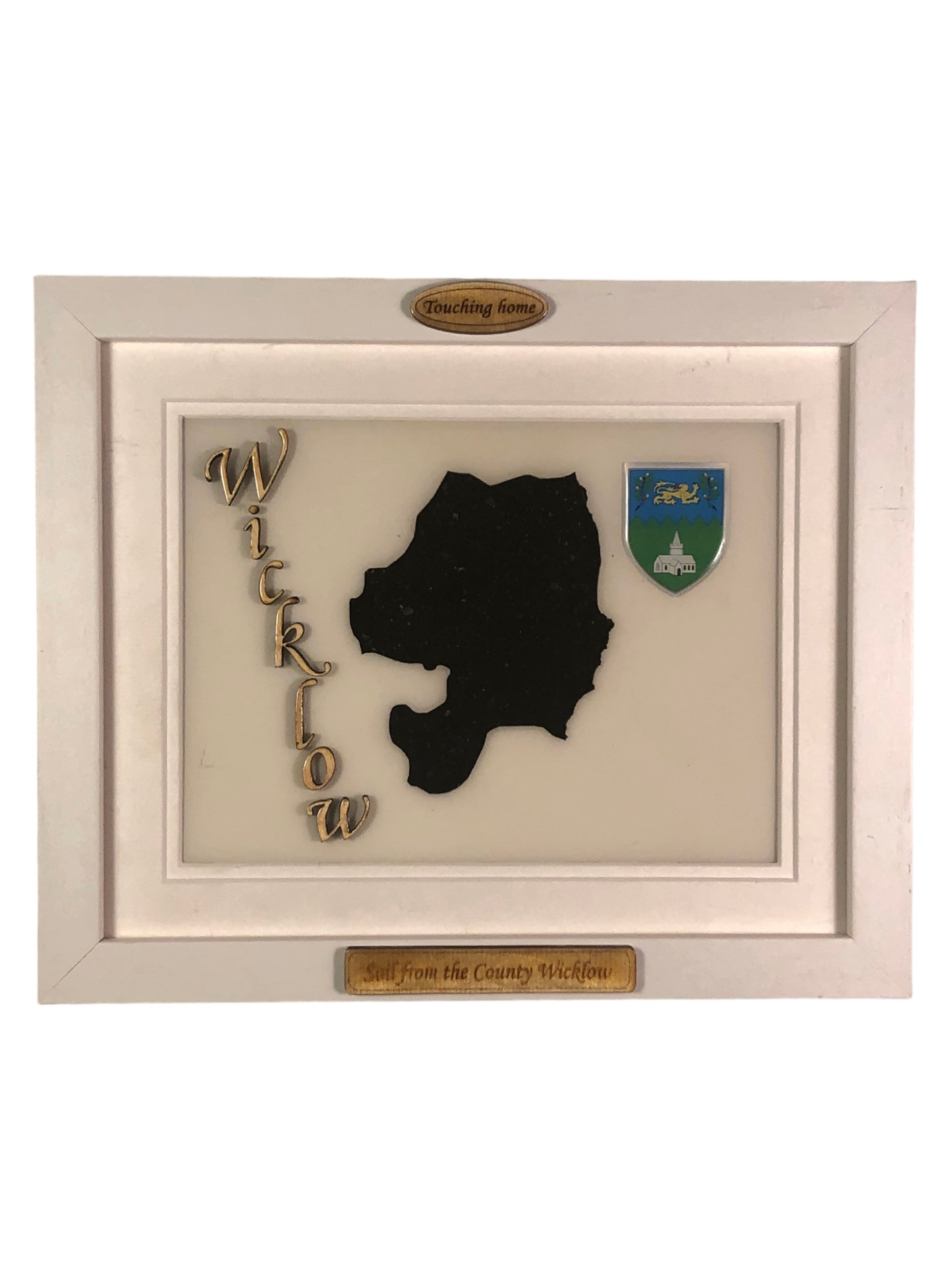 County Wicklow white wood style plaque with authentic Wicklow soil encased and displayed within