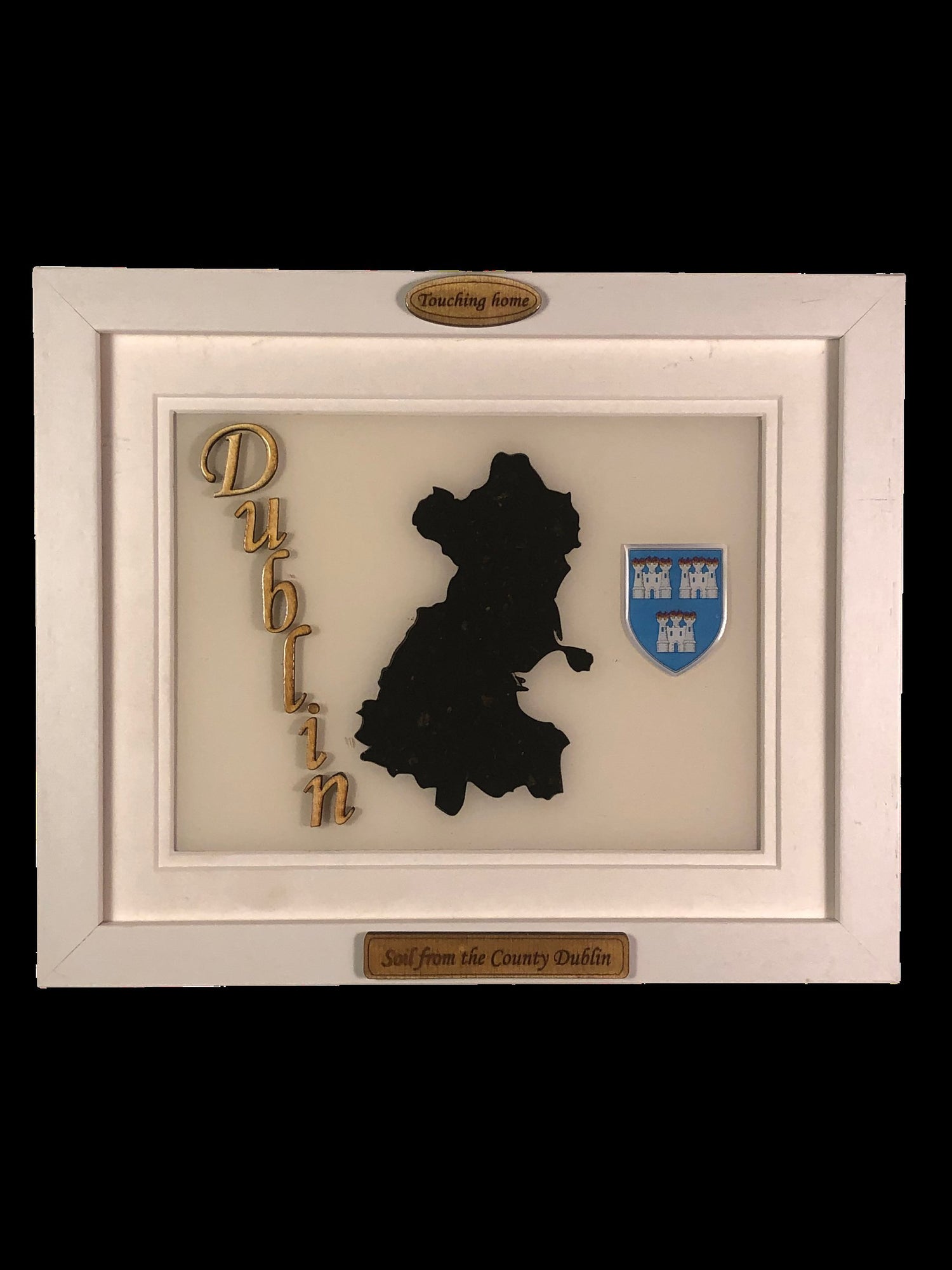 White wooden style 32 County plaques with authentic soil of the county encased and displayed within