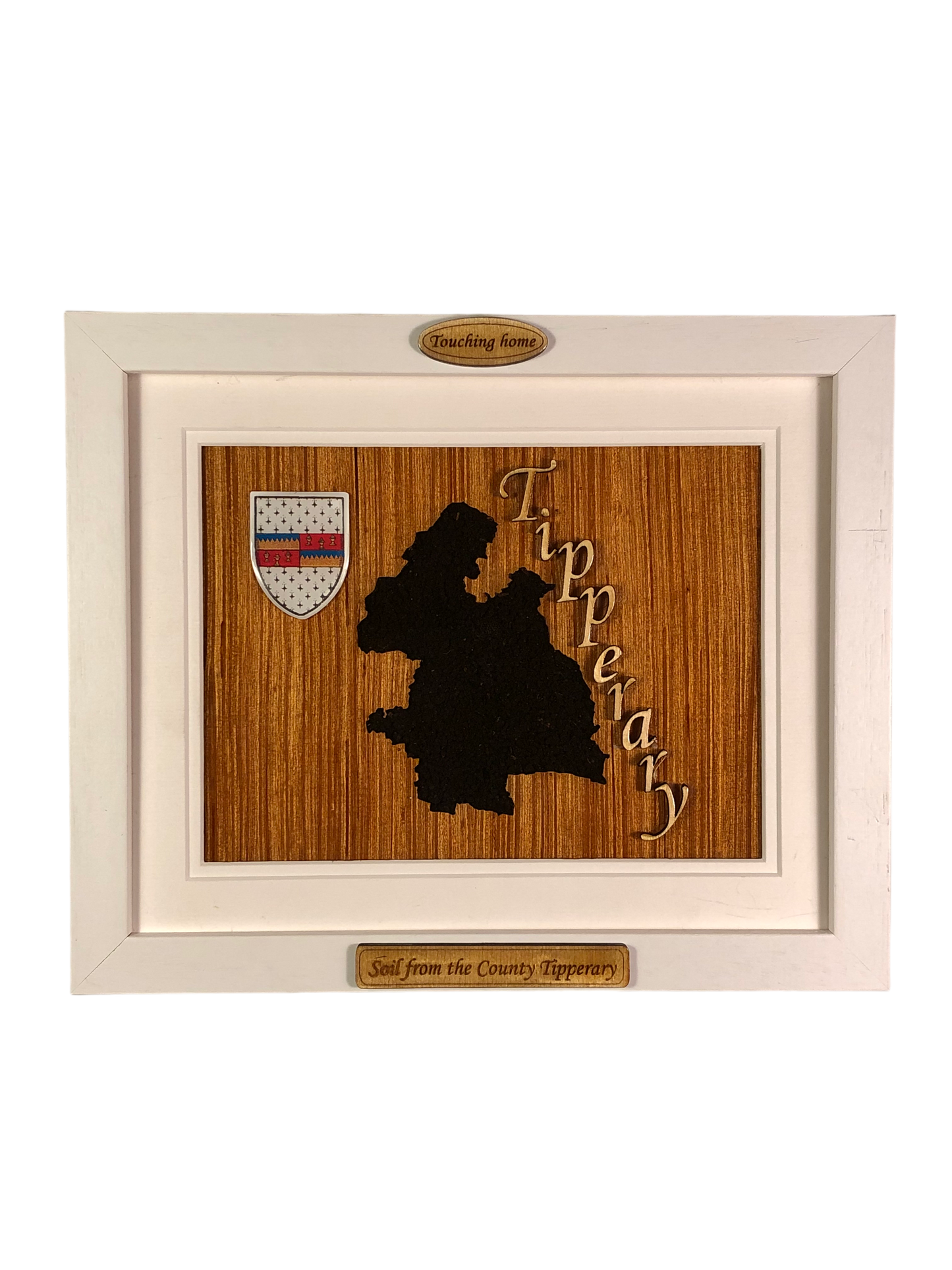 County Tipperary shape wooden style plaque with authentic Tipperary soil encased and displayed within