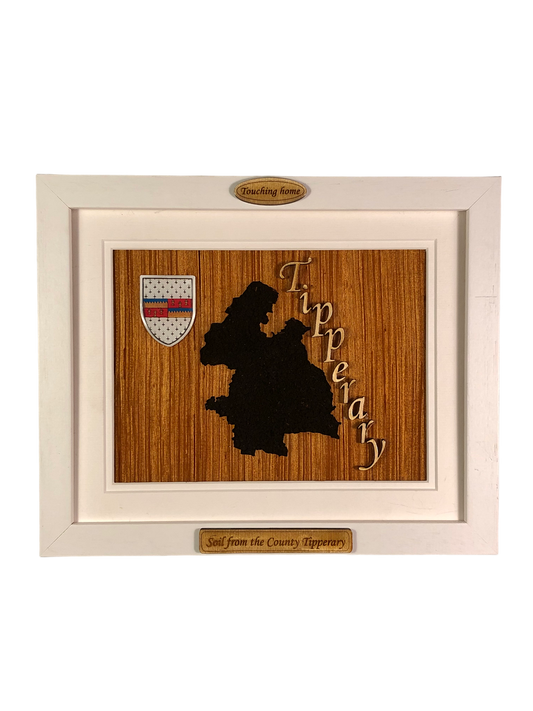 County Tipperary shape wooden style plaque with authentic Tipperary soil encased and displayed within