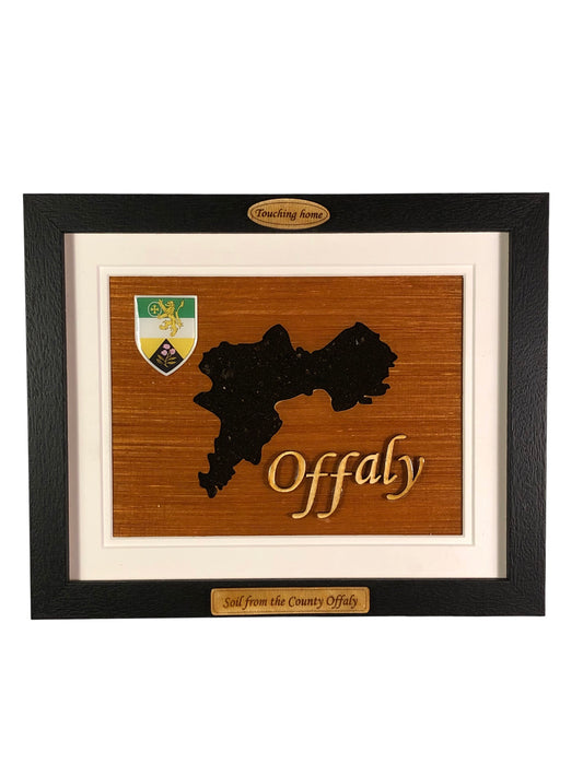 County Offaly wooden style plaque with authentic Offaly soil encased and displayed within