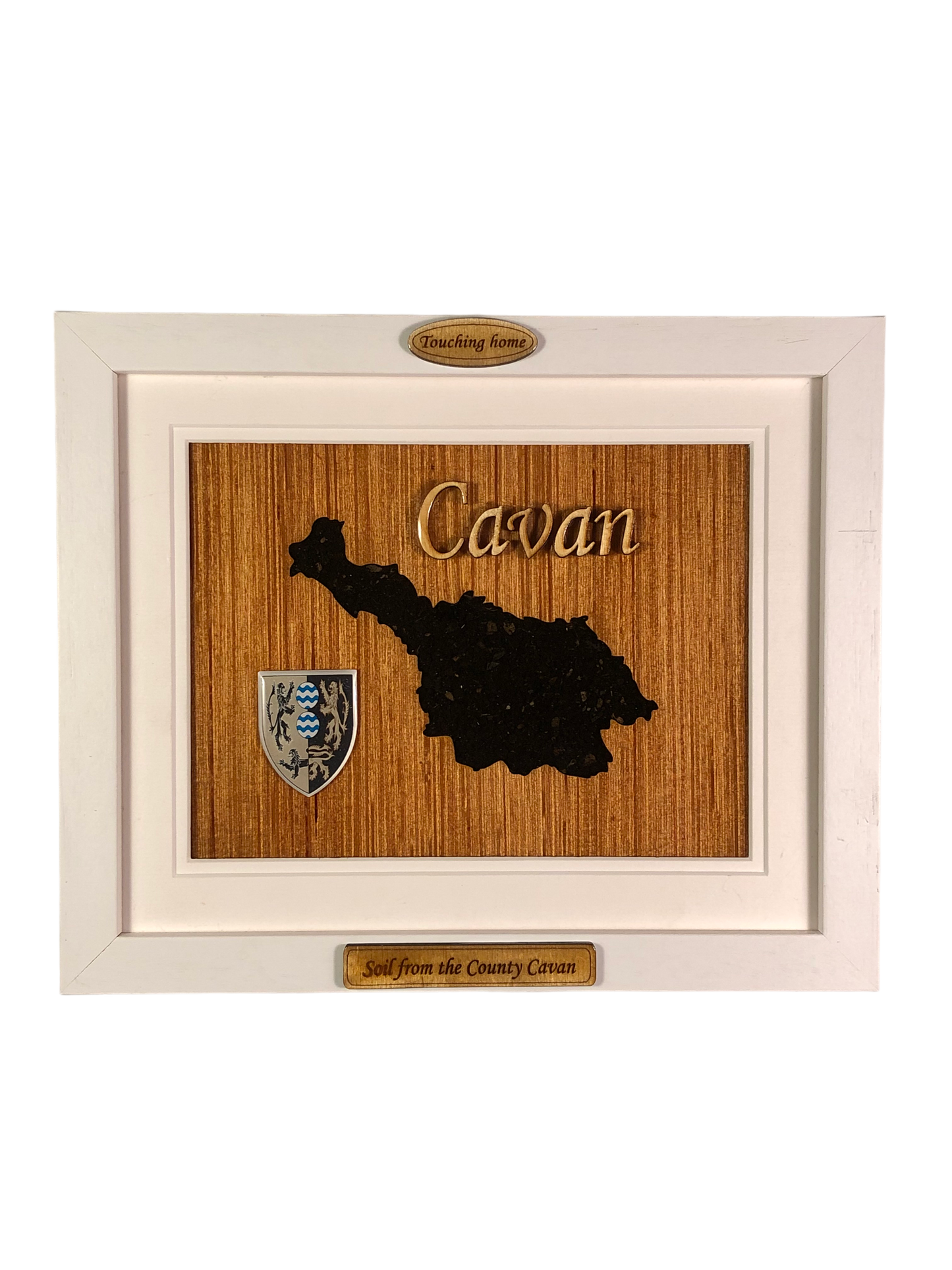 County Cavan wooden style plaque with the authentic soil of Cavan encased and displayed within