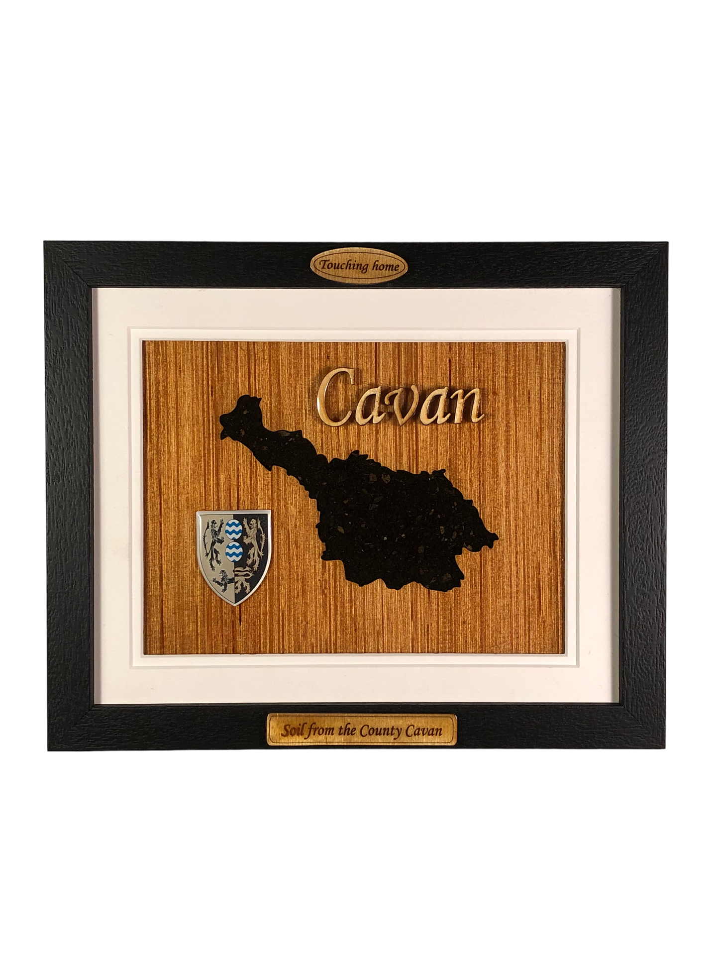 County Cavan wooden style plaque with the authentic soil of Cavan encased and displayed within