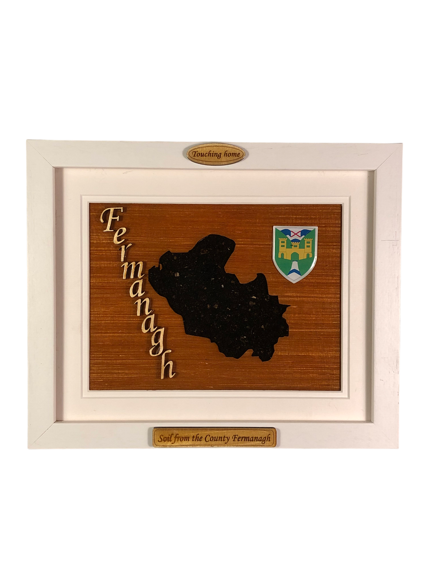 County Fermanagh wooden style plaque with the authentic soil of Fermanagh encased and displayed within