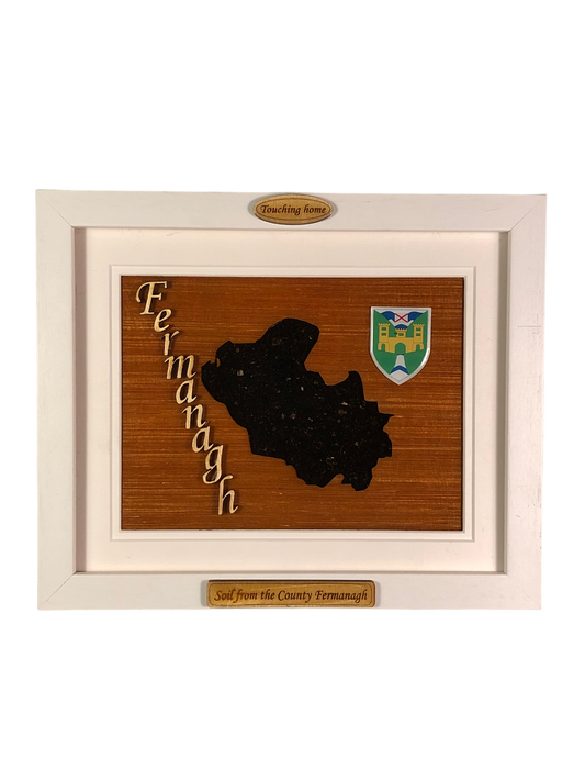 County Fermanagh wooden style plaque with the authentic soil of Fermanagh encased and displayed within