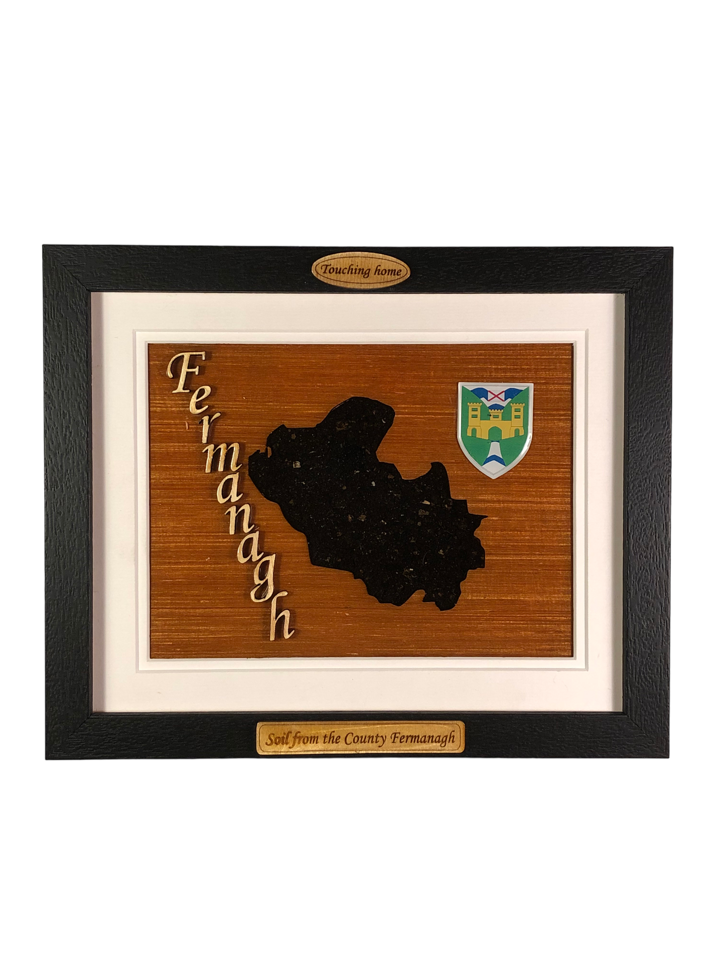 County Fermanagh wooden style plaque with the authentic soil of Fermanagh encased and displayed within