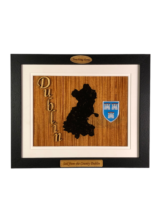 County Dublin wooden style plaque with the authentic soil of Dublin encased and displayed within