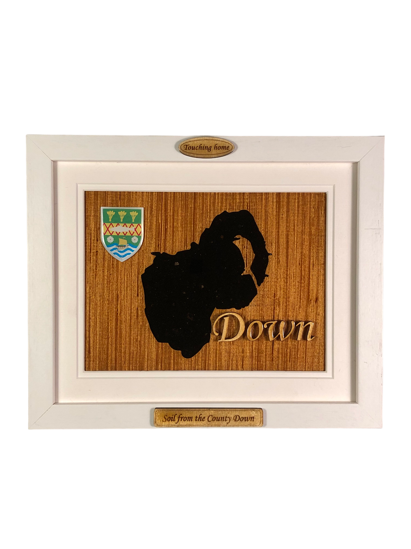 County Down wooden style plaque with the authentic soil of Down encased and displayed within