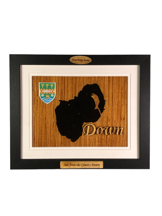 County Down wooden style plaque with the authentic soil of Down encased and displayed within