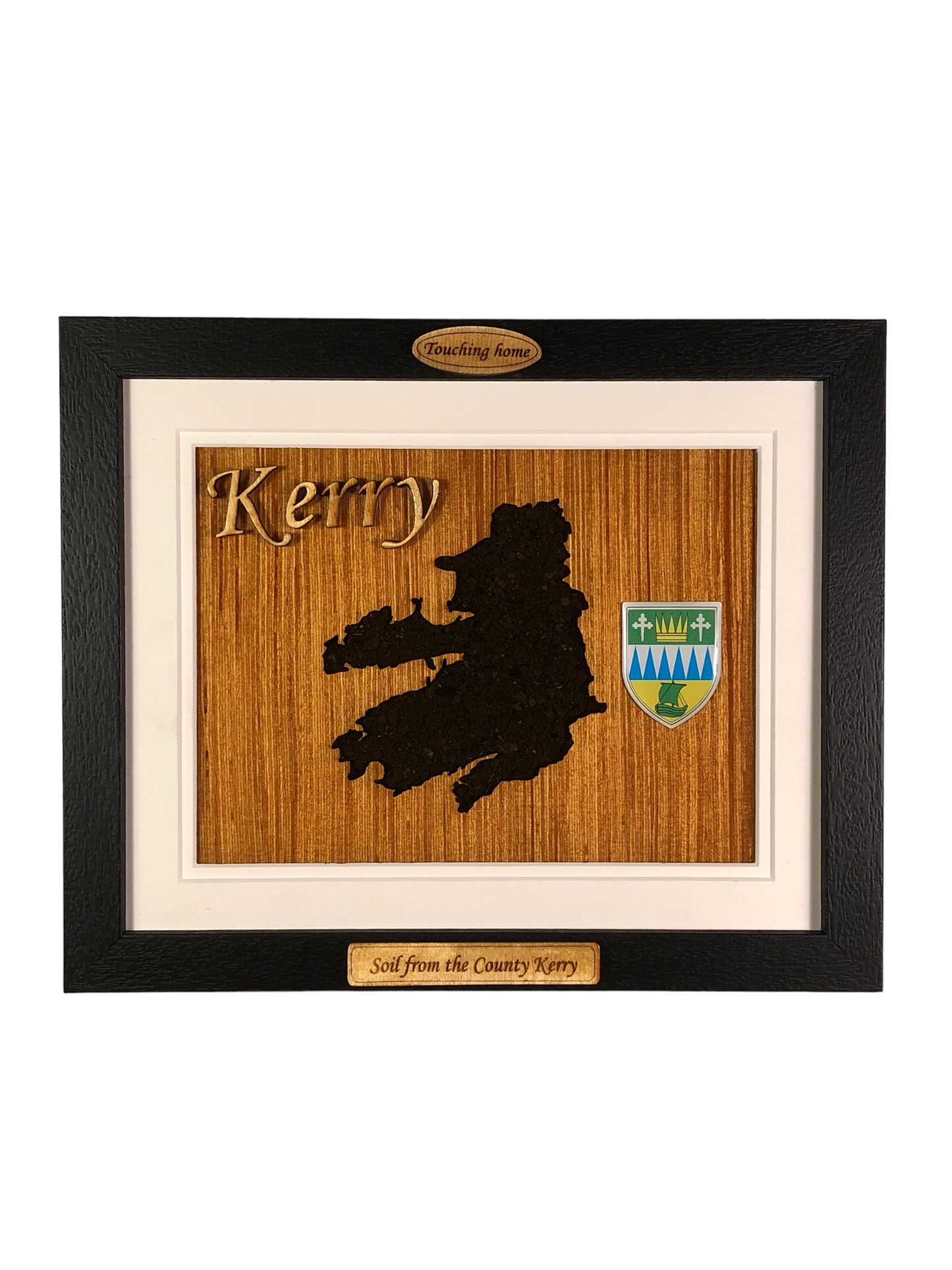 County Kerry wooden style plaque with the authentic soil of Kerry encased and displayed within