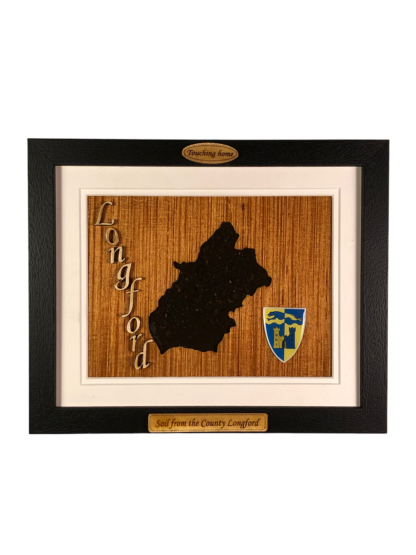 County Longford shape wooden style plaque with authentic Longford soil encased and displayed within