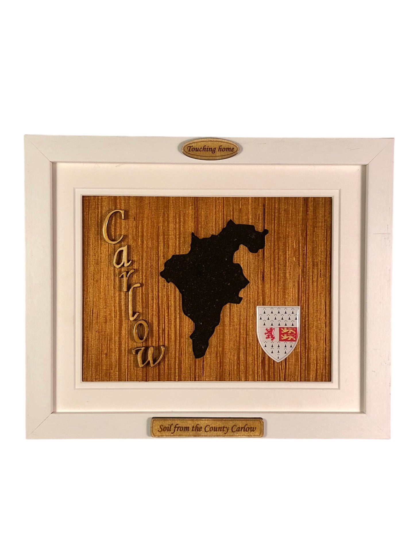 County Carlow shape wooden style plaque with authentic Carlow soil encased and displayed within