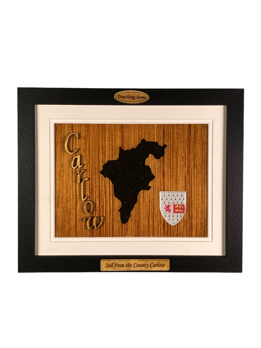 County Carlow shape wooden style plaque with authentic Carlow soil encased and displayed within