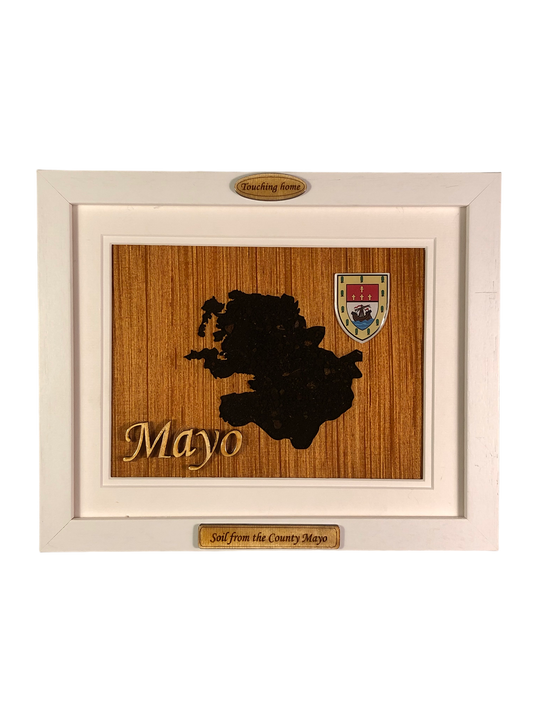 County Mayo shape wooden style plaque with authentic soil of Mayo encased and displayed within