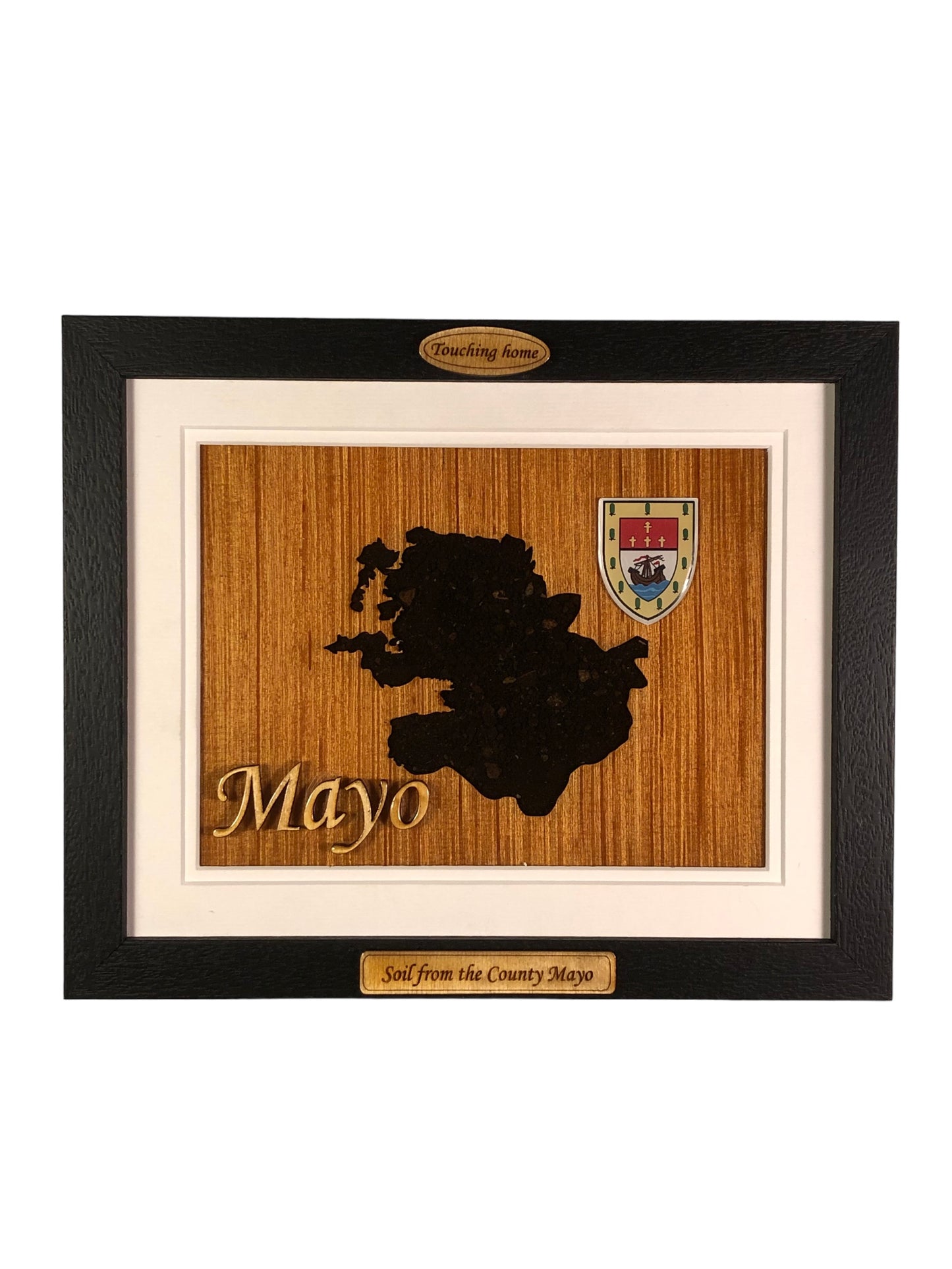 County Mayo shape wooden style plaque with authentic soil of Mayo encased and displayed within