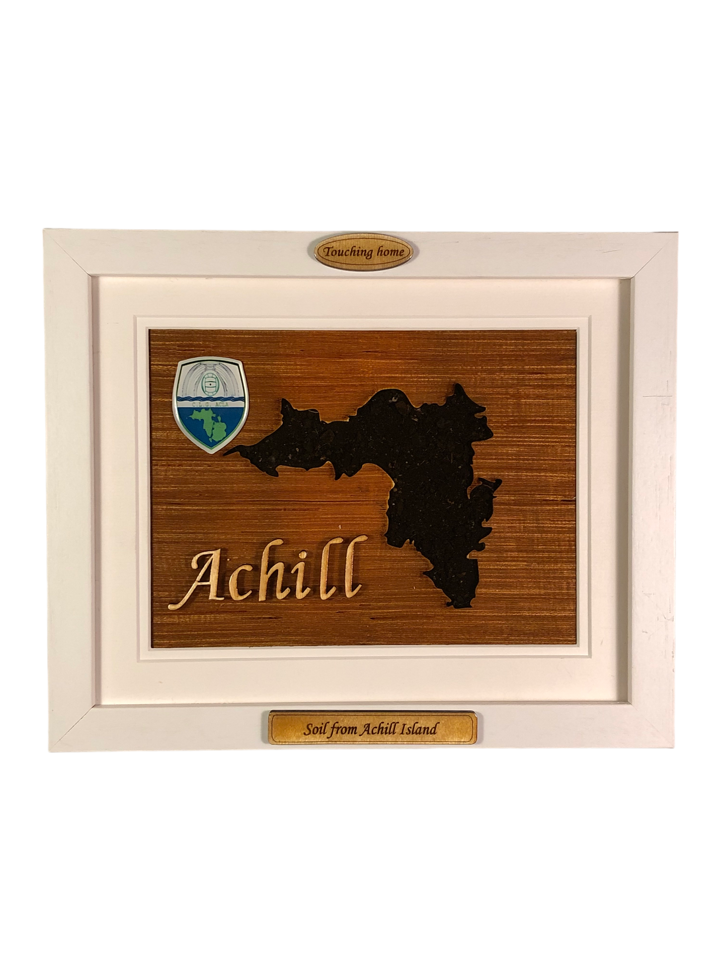 Achill island shape wooden style plaque with authentic achill island soil encased and displayed within