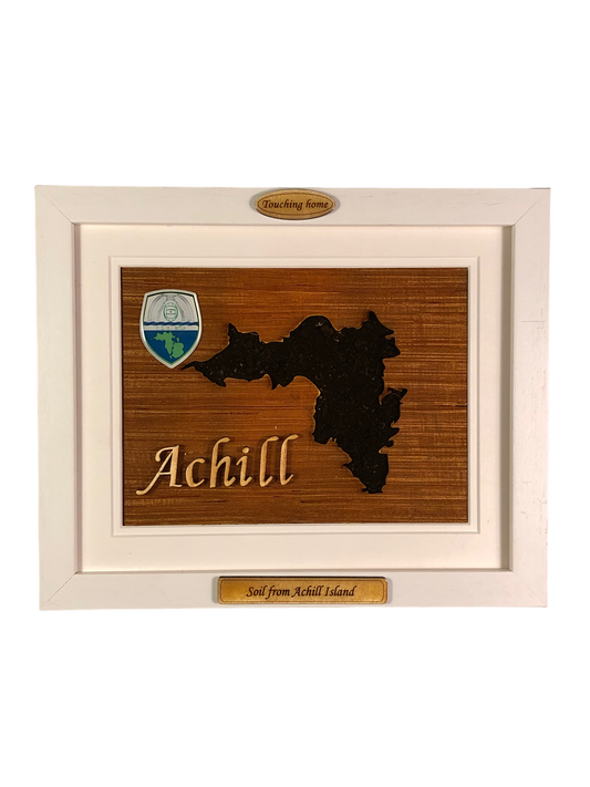 Achill island shape wooden style plaque with authentic achill island soil encased and displayed within