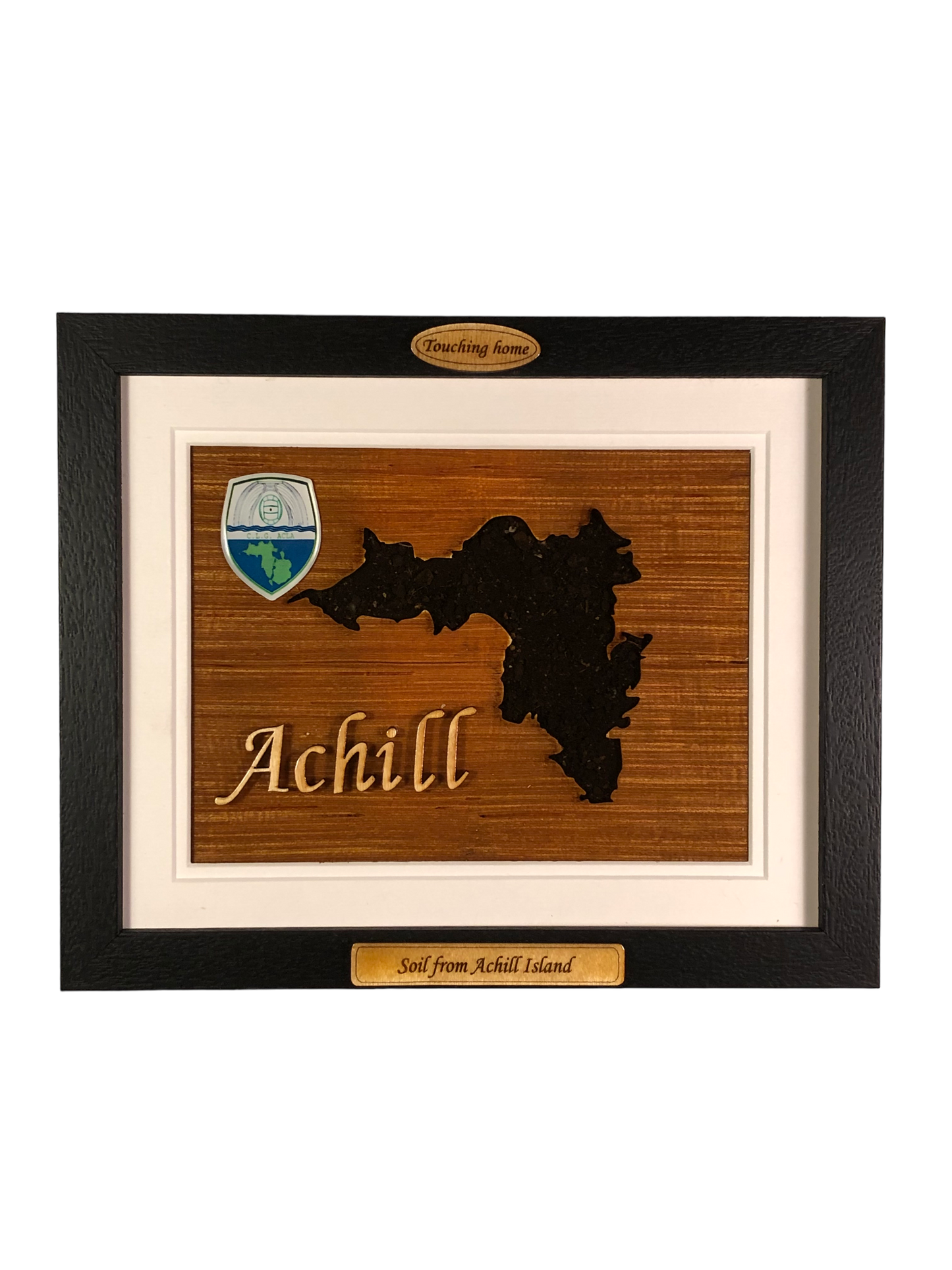 Achill island shape wooden style plaque with authentic achill island soil encased and displayed within