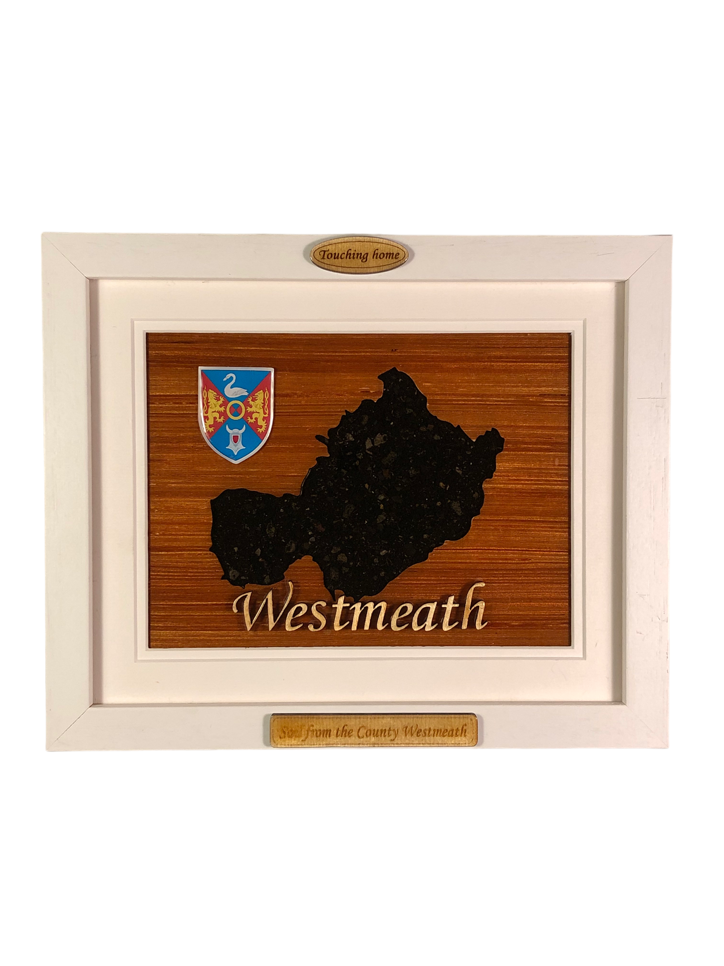 County Westmeath shape wooden style plaque with authentic Westmeath soil encased and displayed within