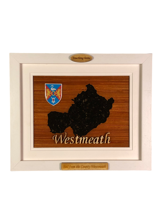 County Westmeath shape wooden style plaque with authentic Westmeath soil encased and displayed within