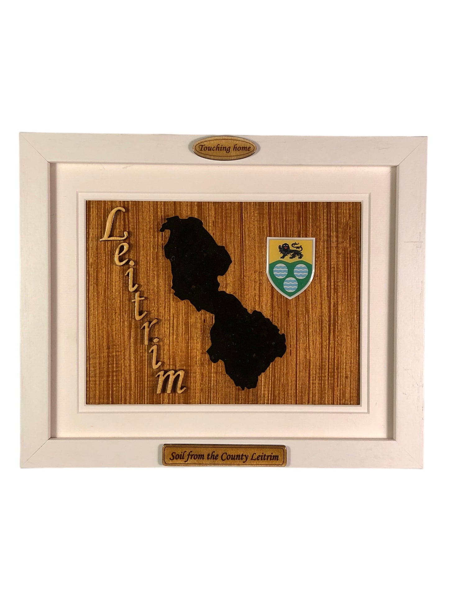 County Leitrim shape wooden style plaque with authentic Leitrim soil encased and displayed within