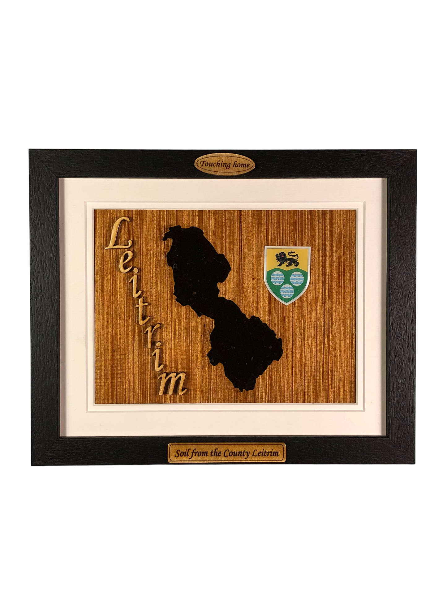 County Leitrim shape wooden style plaque with authentic Leitrim soil encased and displayed within