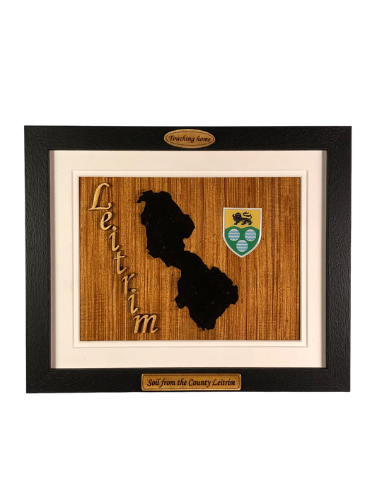 County Leitrim shape wooden style plaque with authentic Leitrim soil encased and displayed within