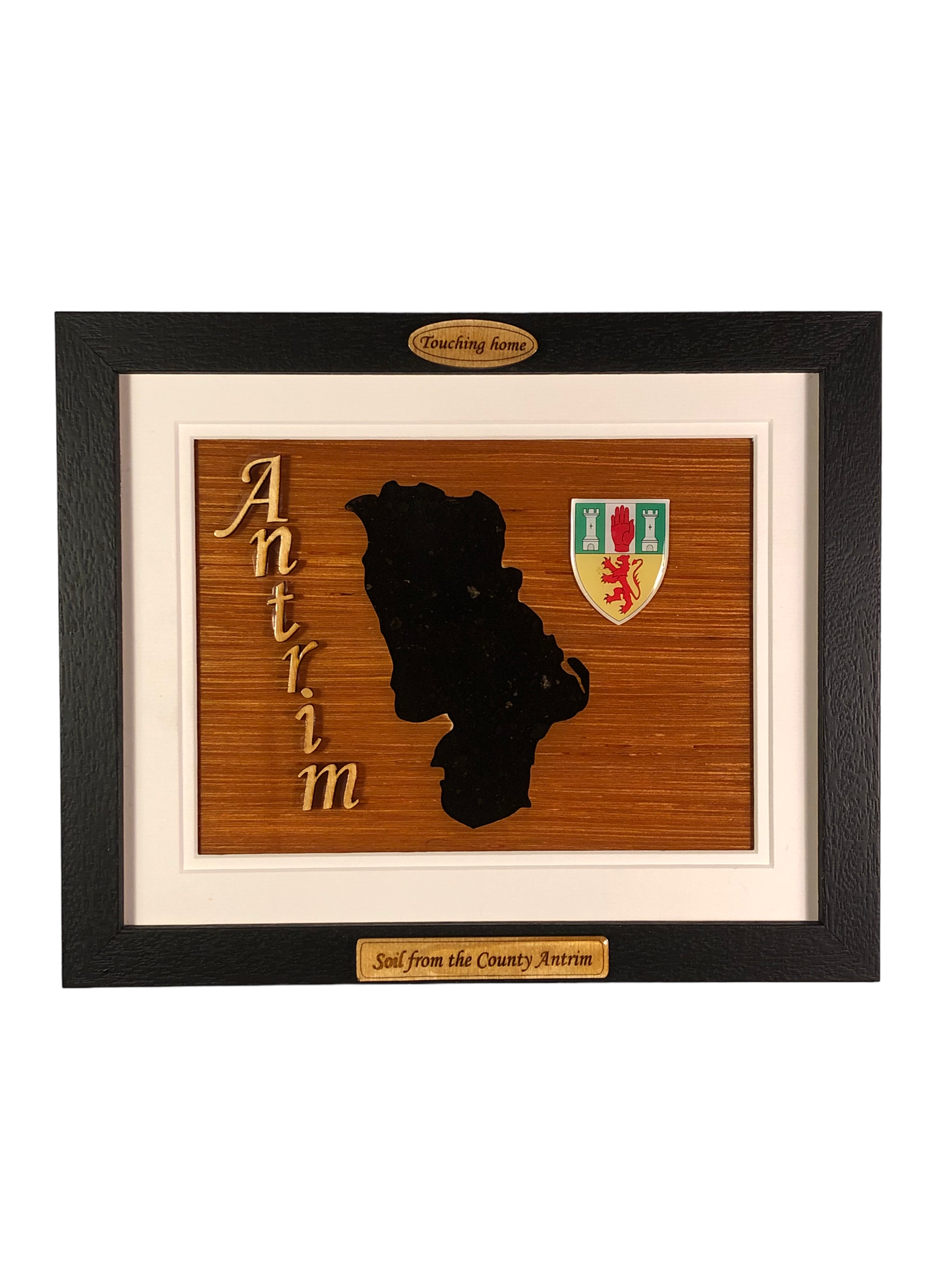 County Antrim shape wooden style plaque with authentic Antrim soil encased and displayed within