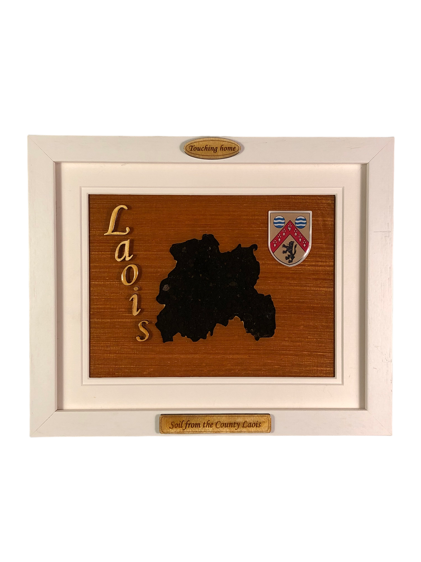 County Laois shape wooden style plaque with authentic Laois soil encased and displayed within