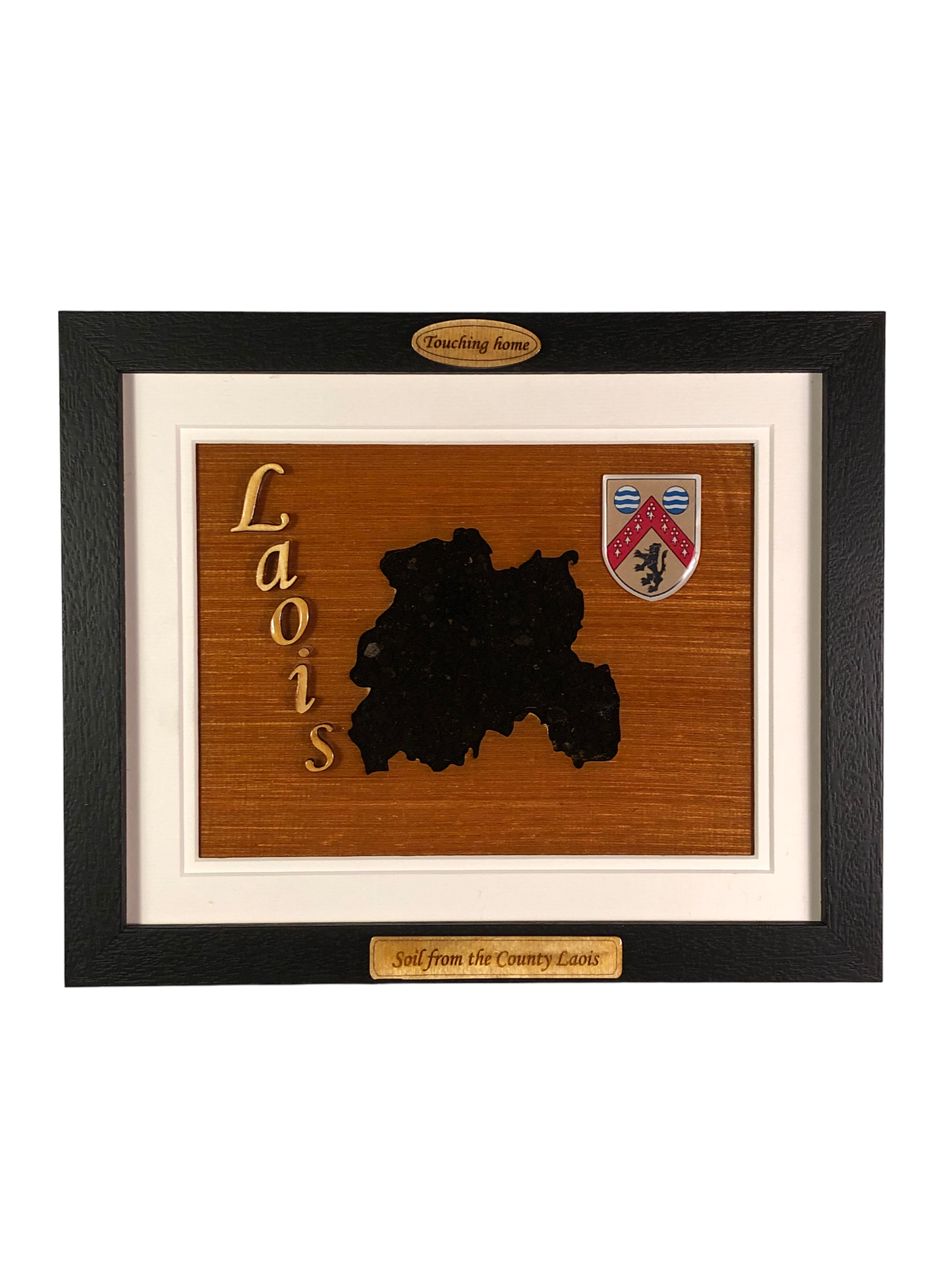 County Laois shape wooden style plaque with authentic Laois soil encased and displayed within