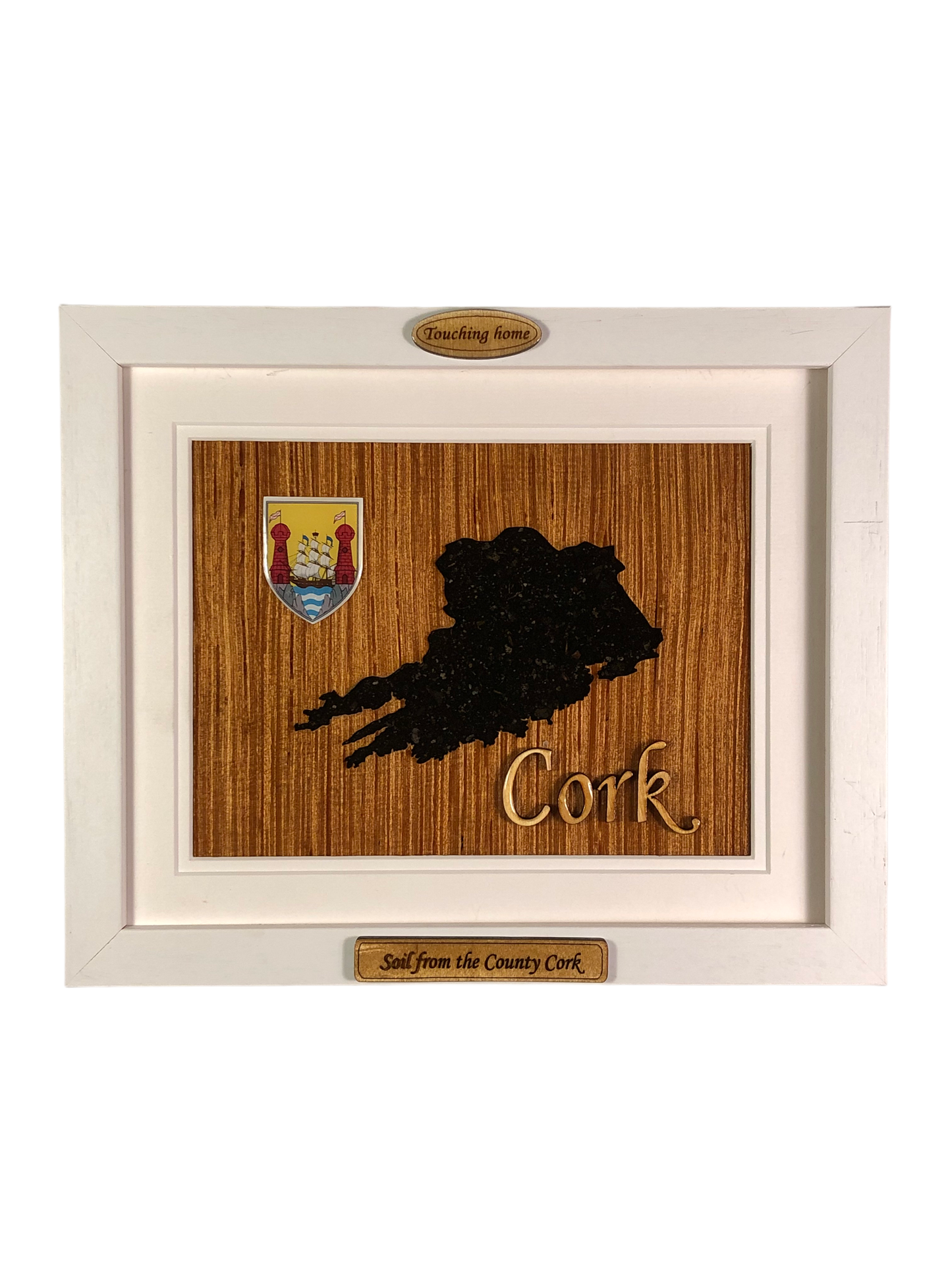 County Cork shape wooden style plaque with authentic soil of Cork encased and displayed within