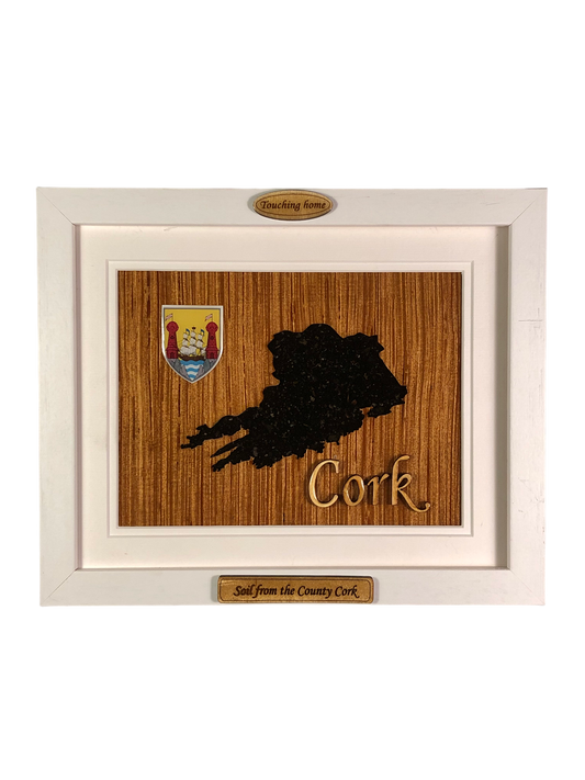 County Cork shape wooden style plaque with authentic soil of Cork encased and displayed within