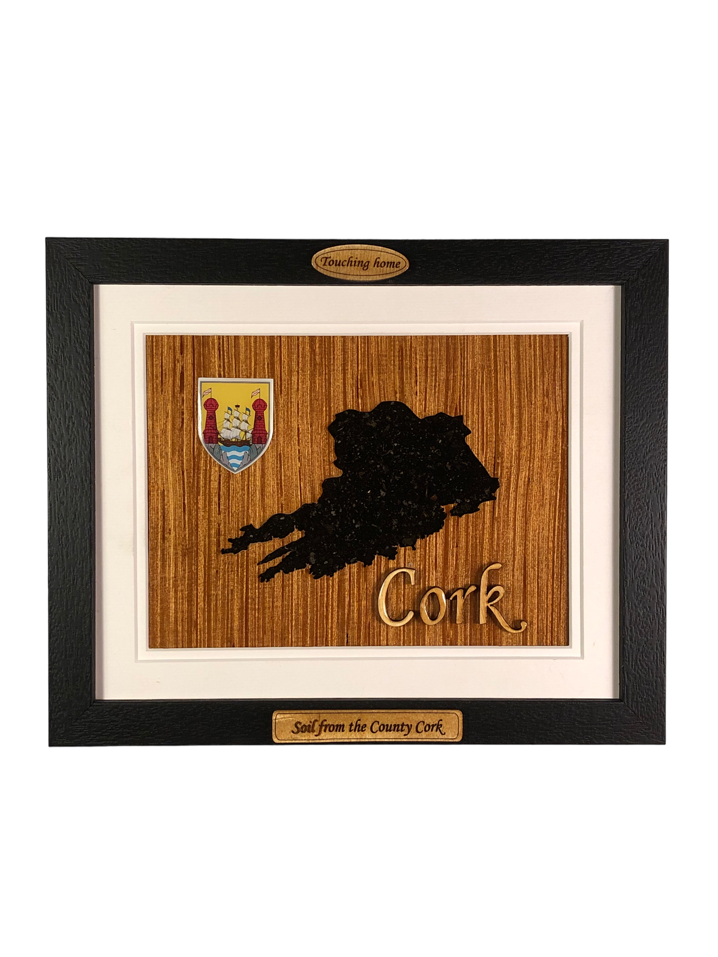 County Cork shape wooden style plaque with authentic soil of Cork encased and displayed within