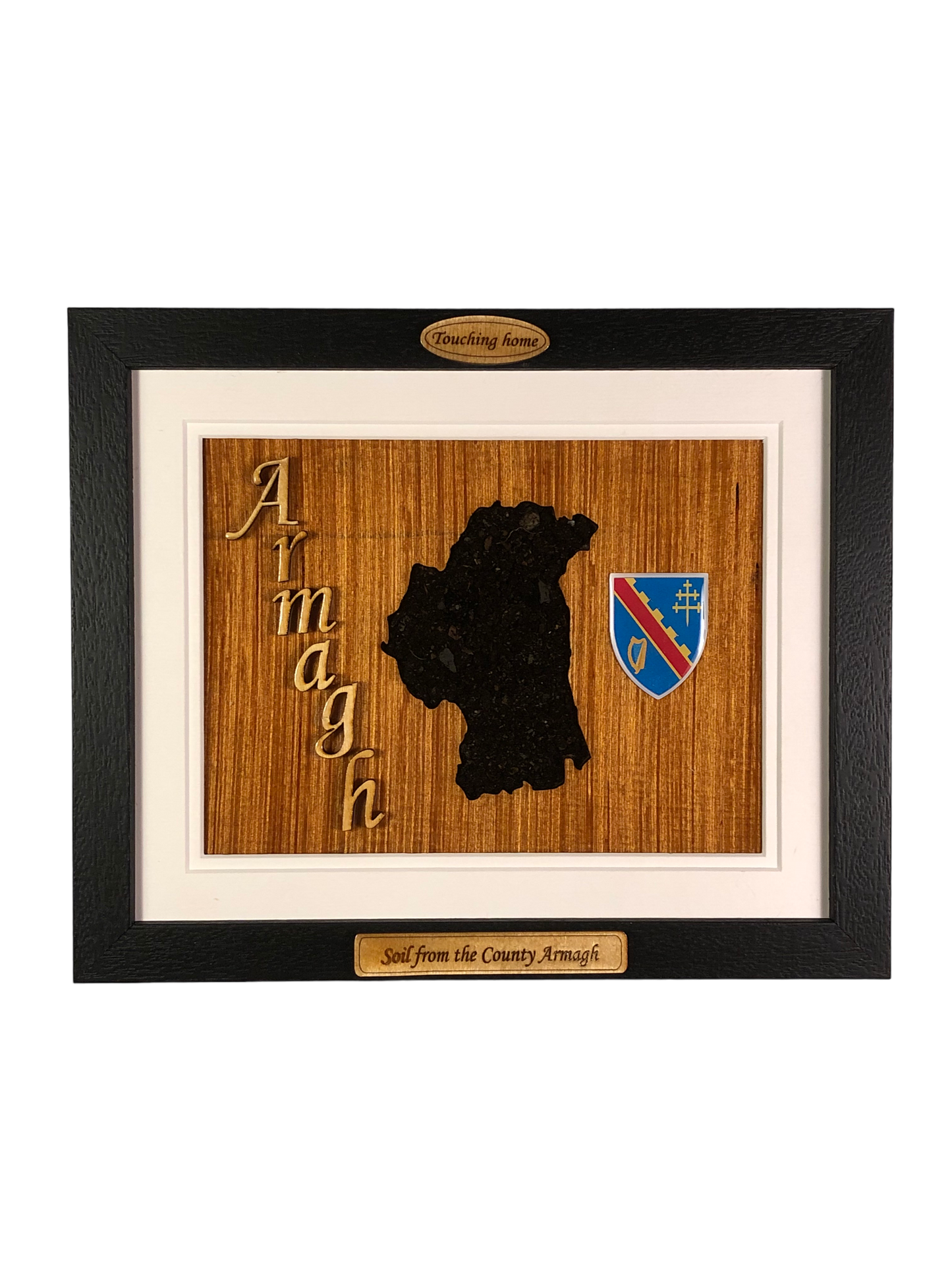 County Armagh shape wooden style plaque with authentic Armagh soil encased and displayed within