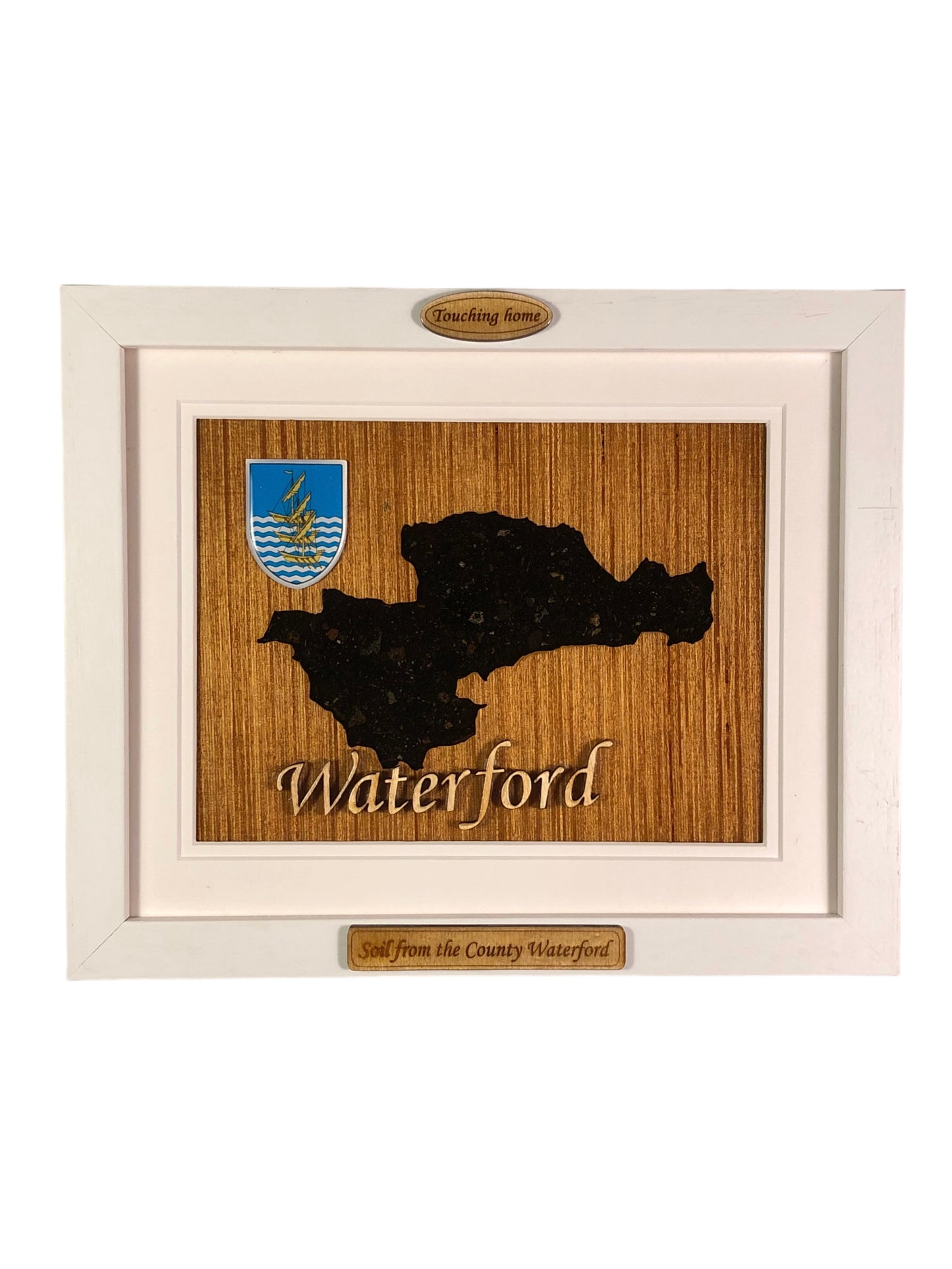 County Waterford shape wooden style plaque with authentic Waterford soil encased and displayed within