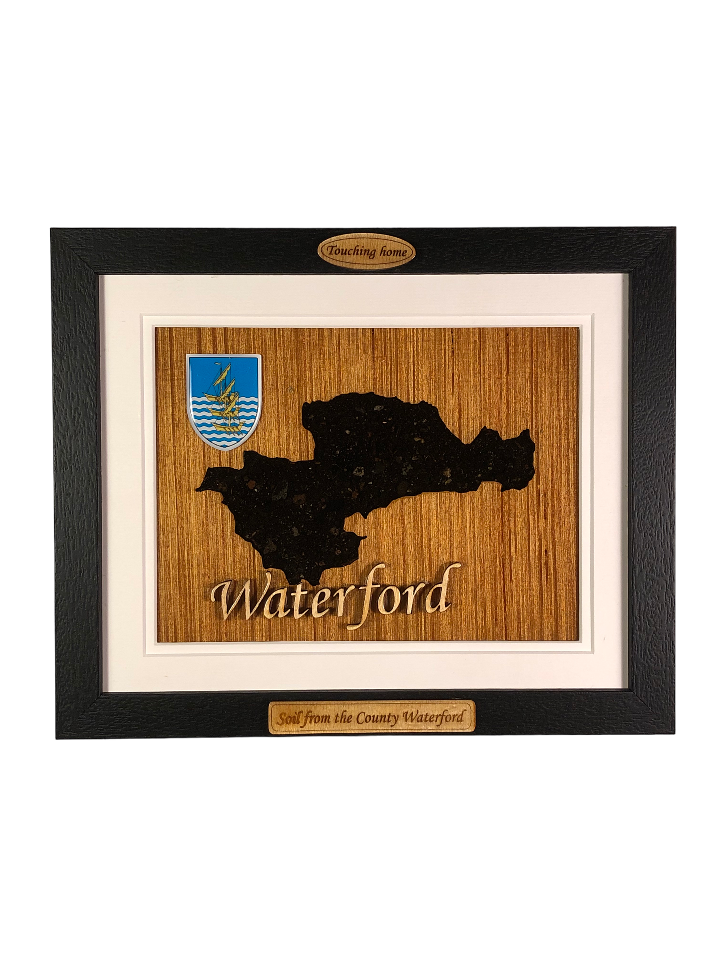 County Waterford shape wooden style plaque with authentic Waterford soil encased and displayed within