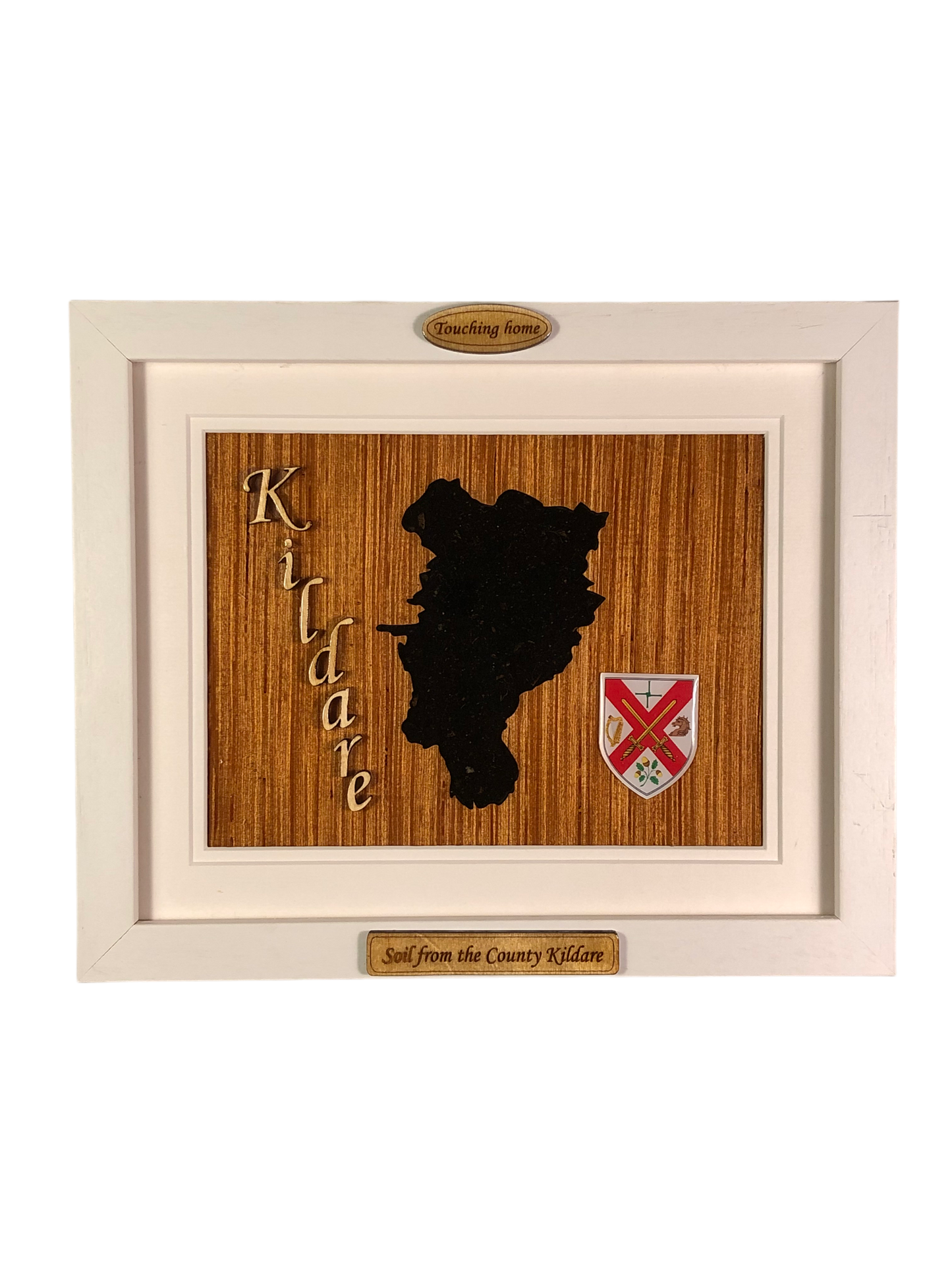 County Kildare shape wooden style plaque with authentic Kildare soil encased and displayed within