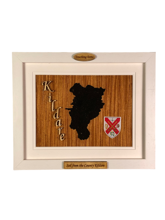 County Kildare shape wooden style plaque with authentic Kildare soil encased and displayed within