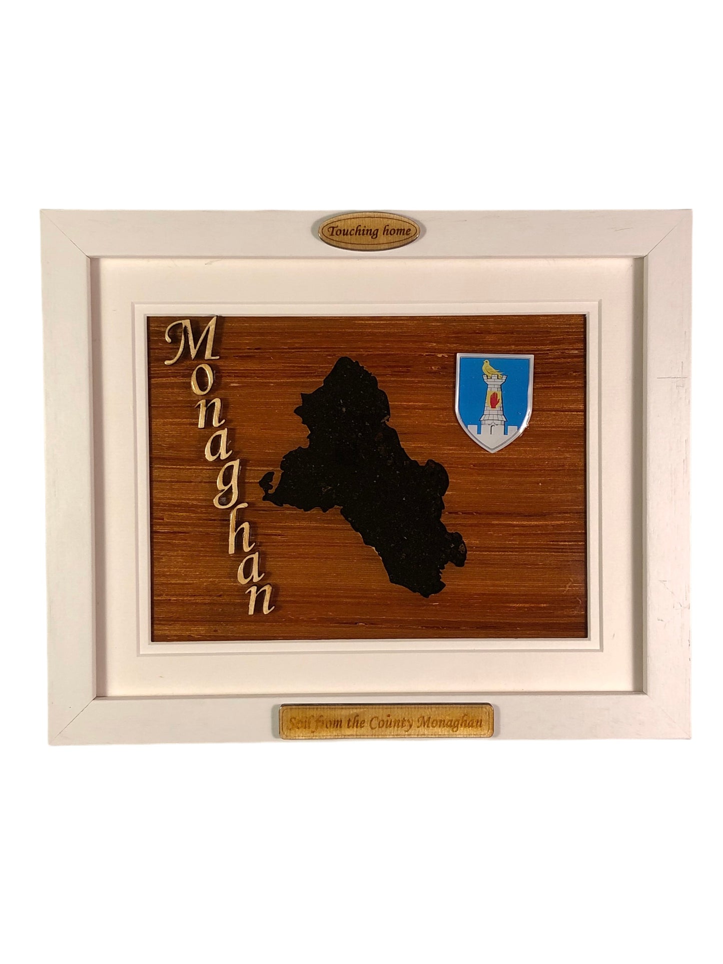 County Monaghan shape wooden style plaque with authentic Monaghan soil encased and displayed within