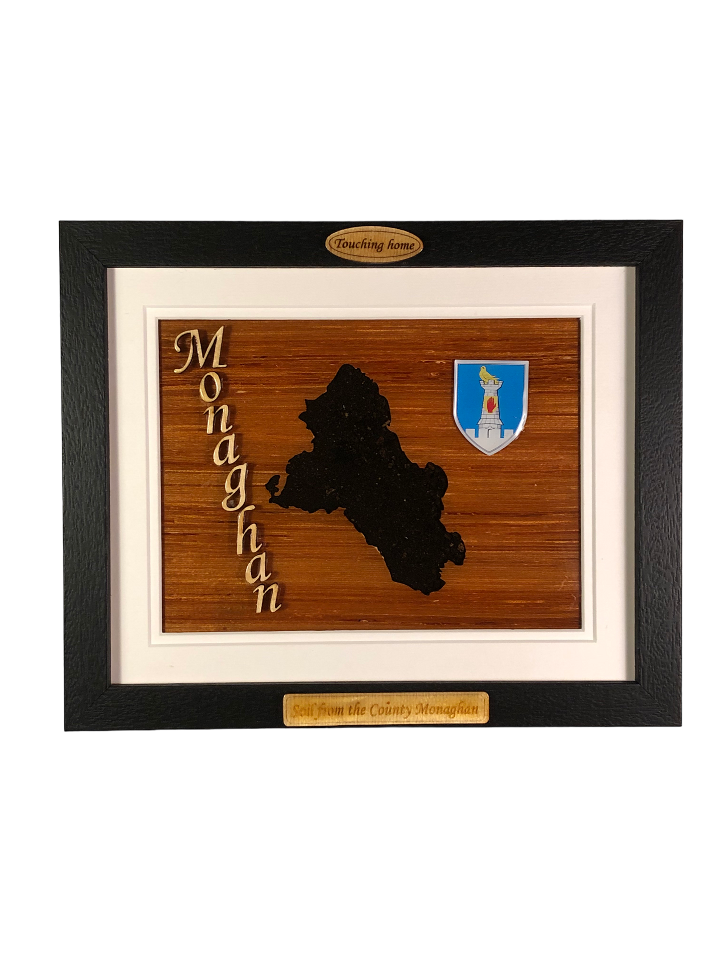 County Monaghan shape wooden style plaque with authentic Monaghan soil encased and displayed within