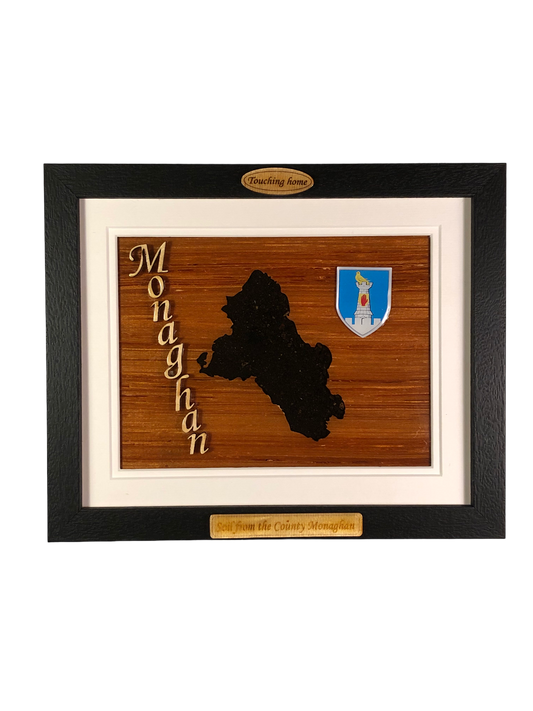 County Monaghan shape wooden style plaque with authentic Monaghan soil encased and displayed within