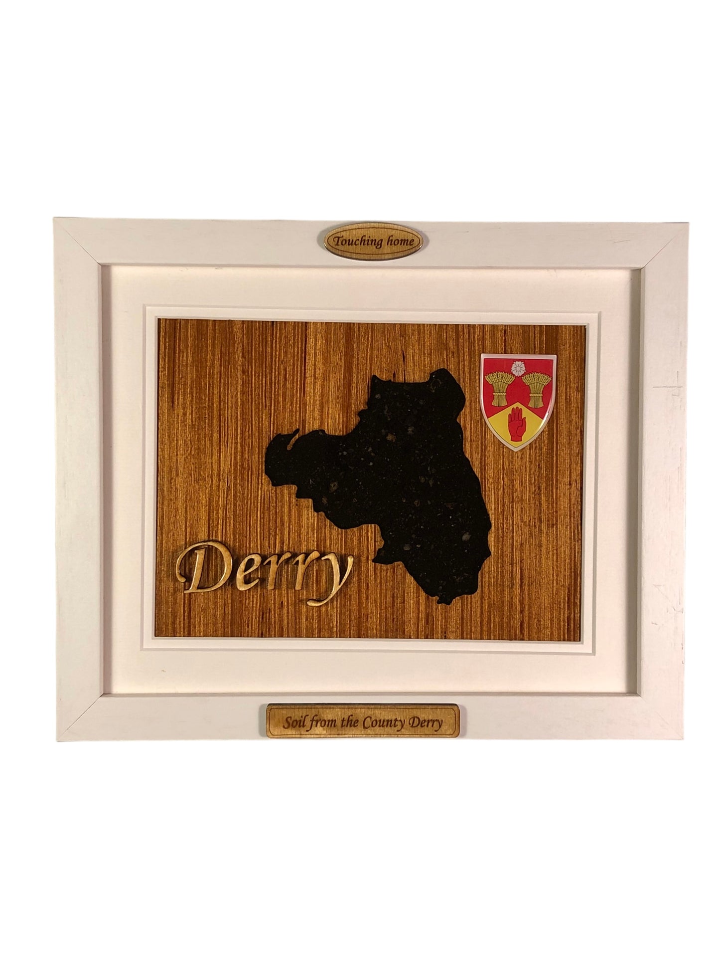 County Derry shape wooden style plaque with authentic Derry soil encased and displayed within