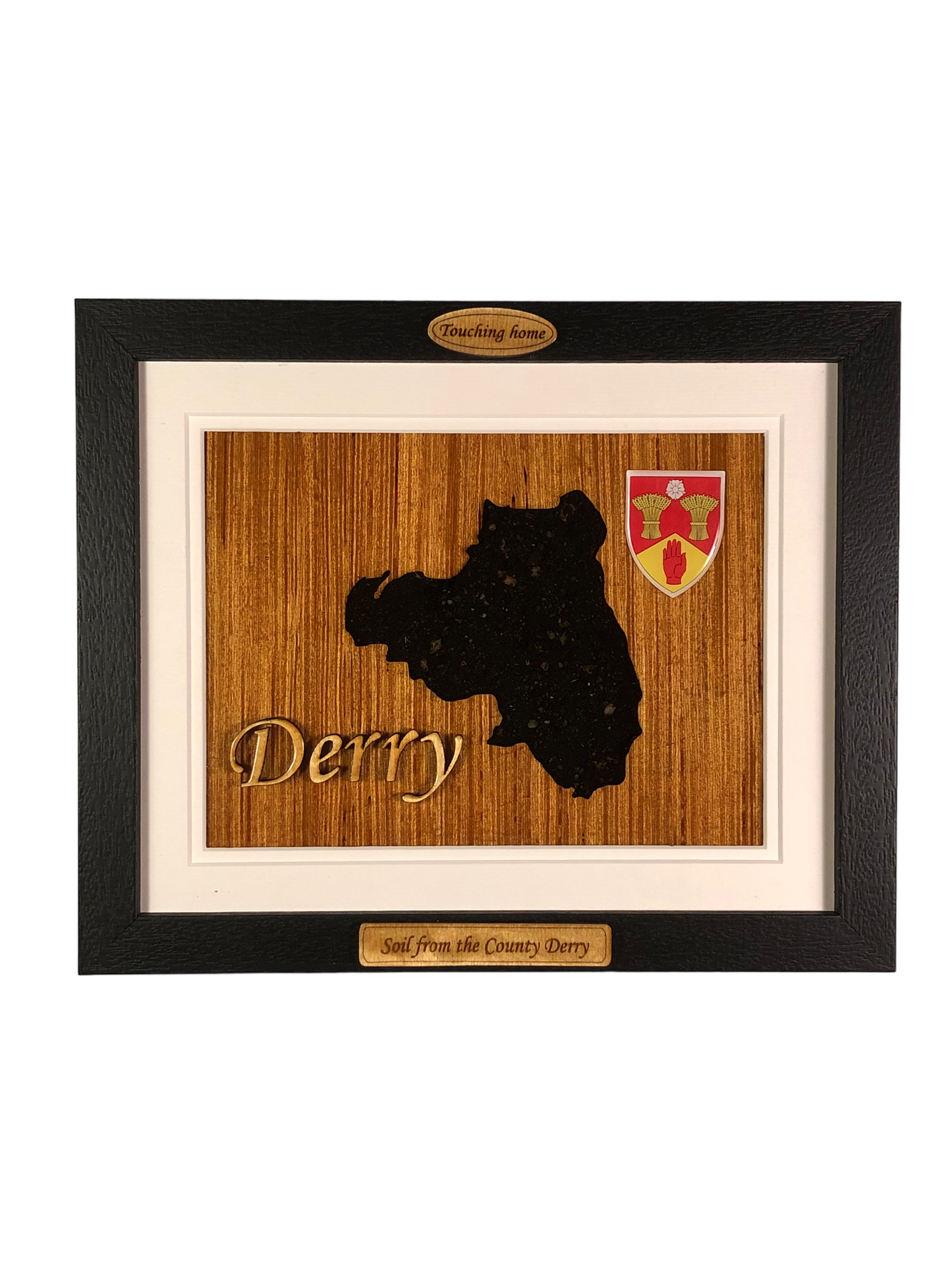 County Derry shape wooden style plaque with authentic Derry soil encased and displayed within