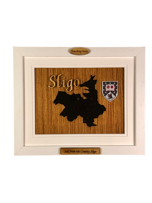 County Sligo shape wooden style plaque with authentic Sligo soil encased and displayed within