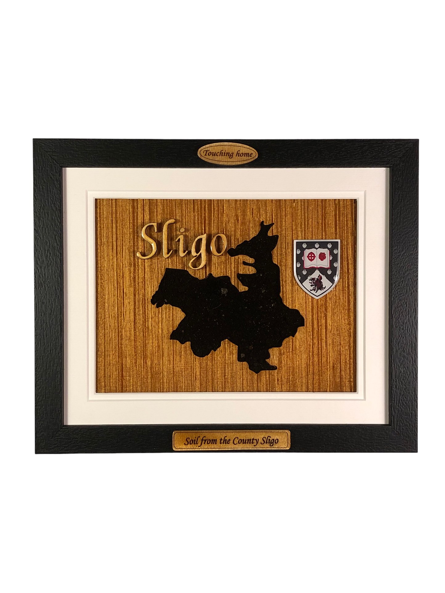 County Sligo shape wooden style plaque with authentic Sligo soil encased and displayed within