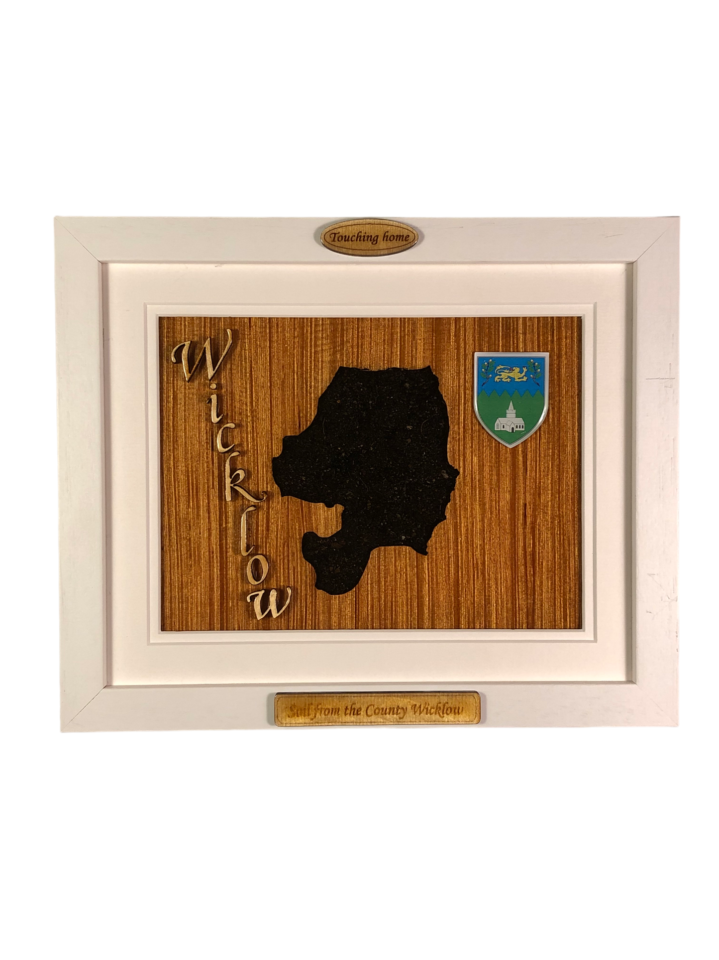 County Wicklow shape wooden style plaque with authentic Wicklow soil encased and displayed within