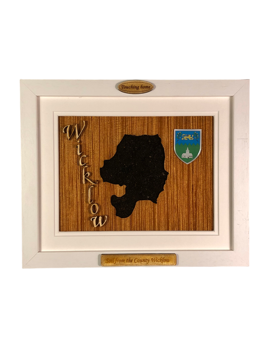 County Wicklow shape wooden style plaque with authentic Wicklow soil encased and displayed within