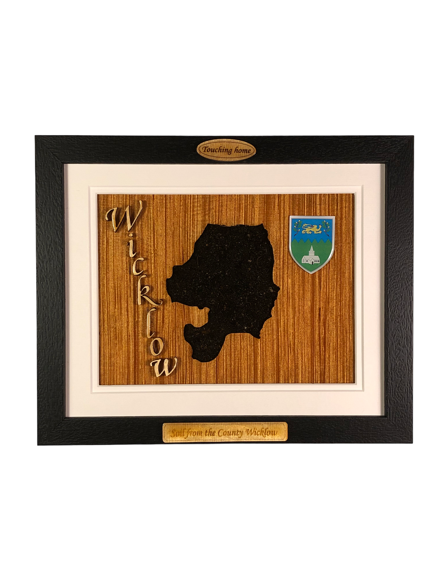 County Wicklow shape wooden style plaque with authentic Wicklow soil encased and displayed within